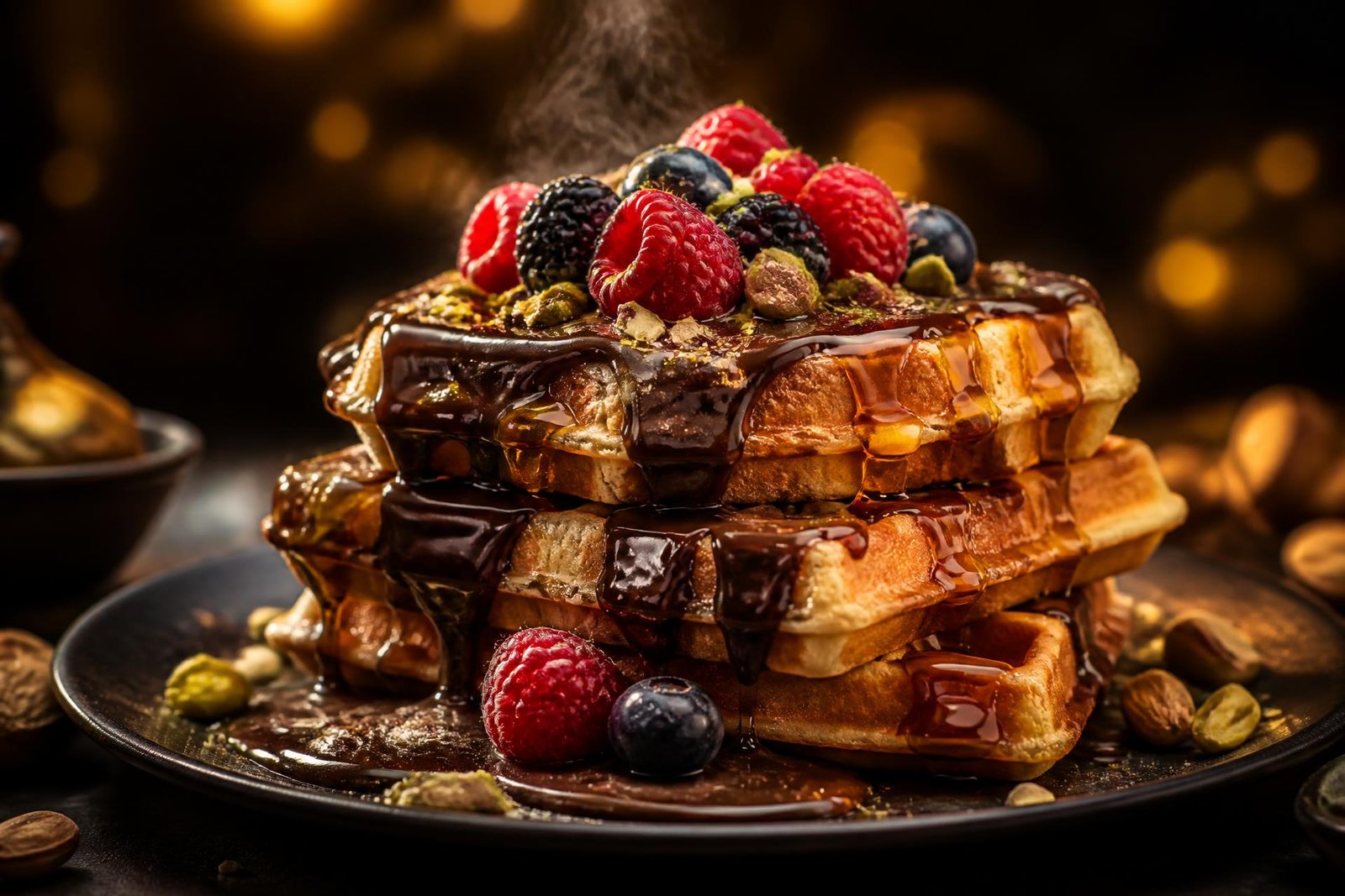 Belgian waffle stack drizzled with molten chocolate and berries